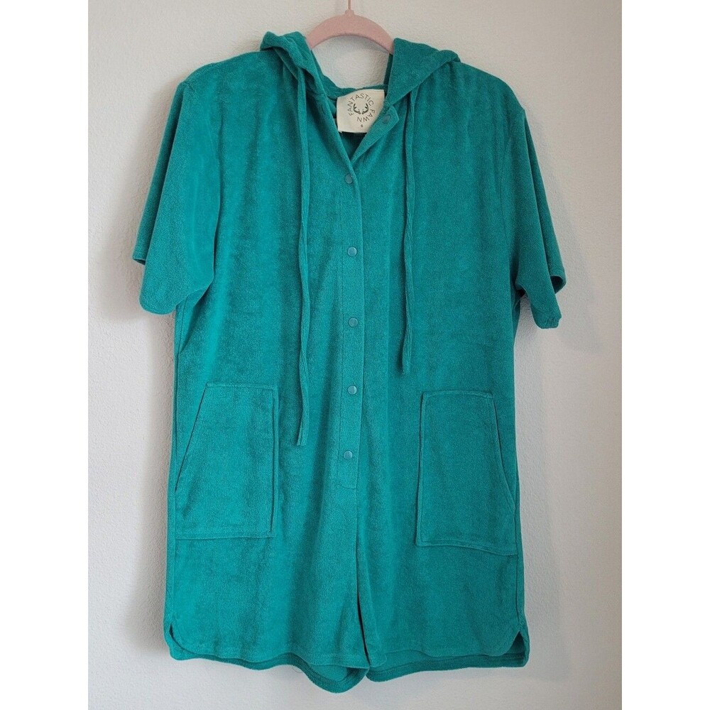Fantastic Fawn Terry Cloth Hooded Romper Teal Green Snap Front Sz S Retro Beach